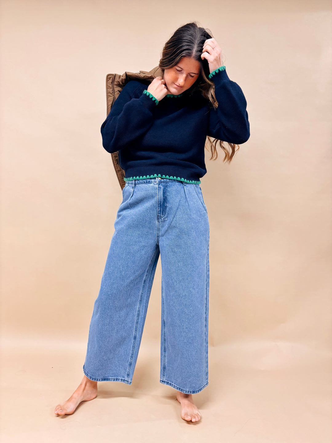 Brie Puff Sleeve Contrast Stitch Sweater