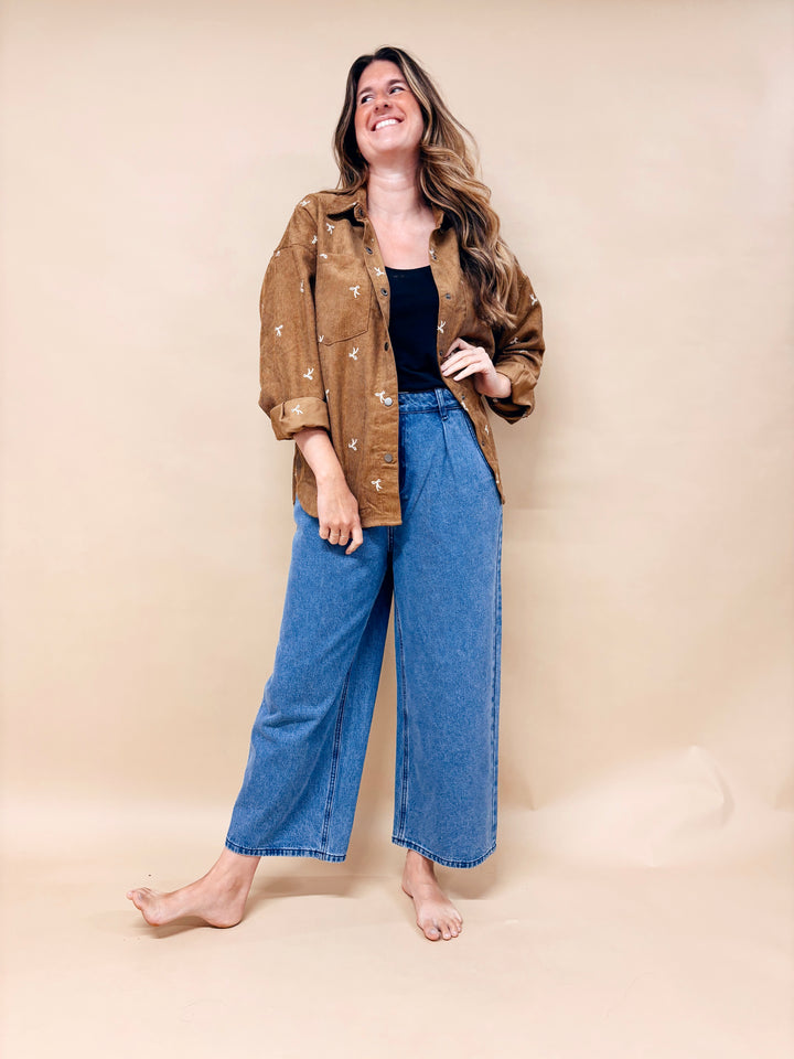 Lexi Bow Embroidered Corduroy Button Down Shirt