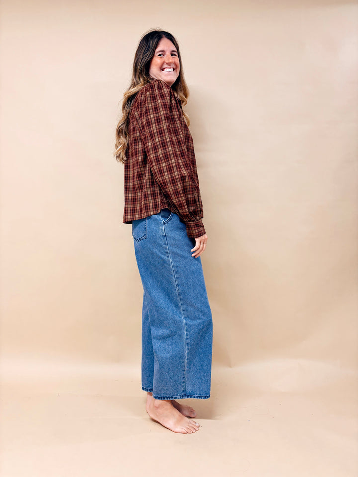 Claire Lace Trim Plaid Button Down Top