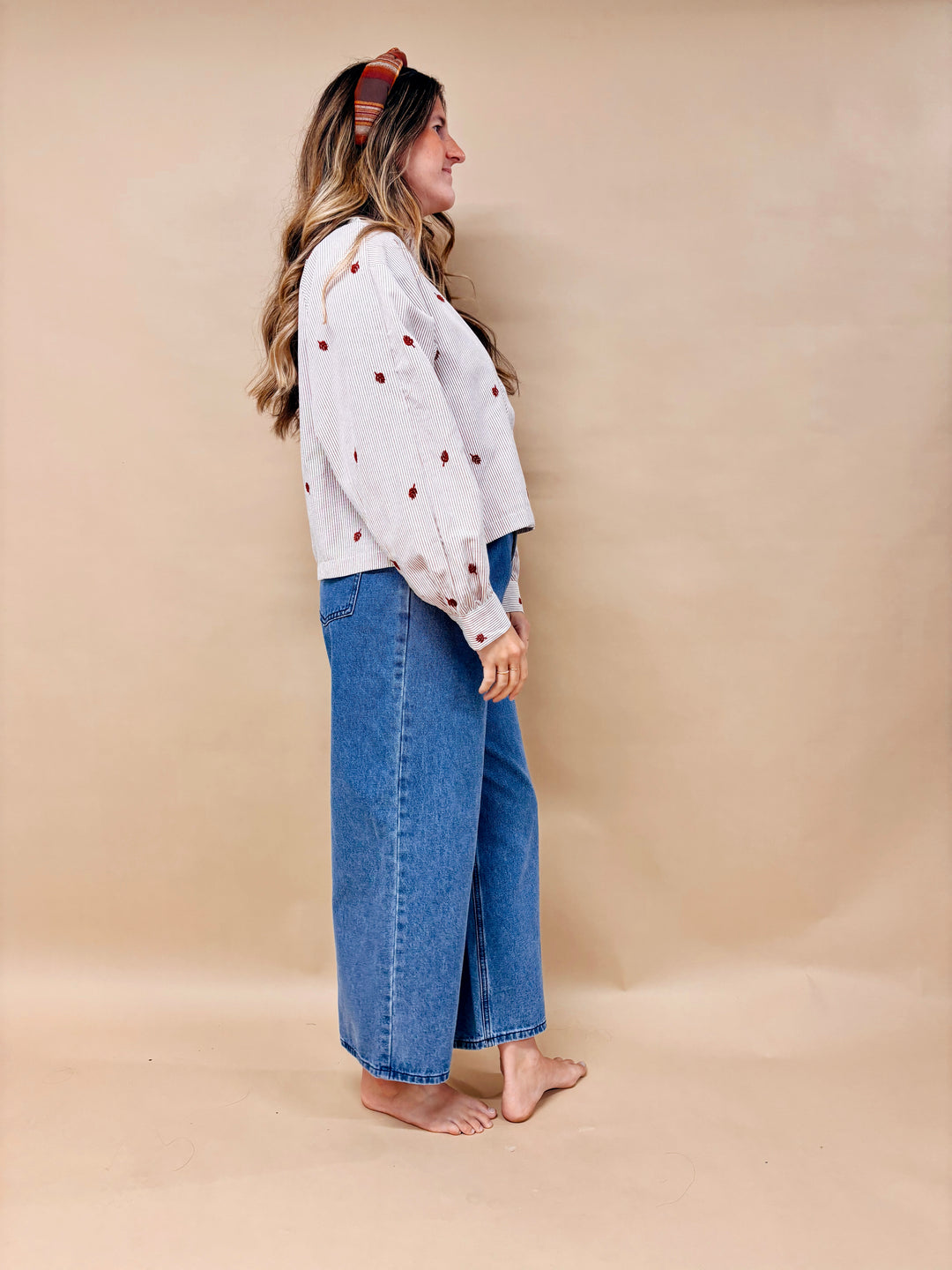 Faye Embroidered Leaf Print Striped Button Down Shirt