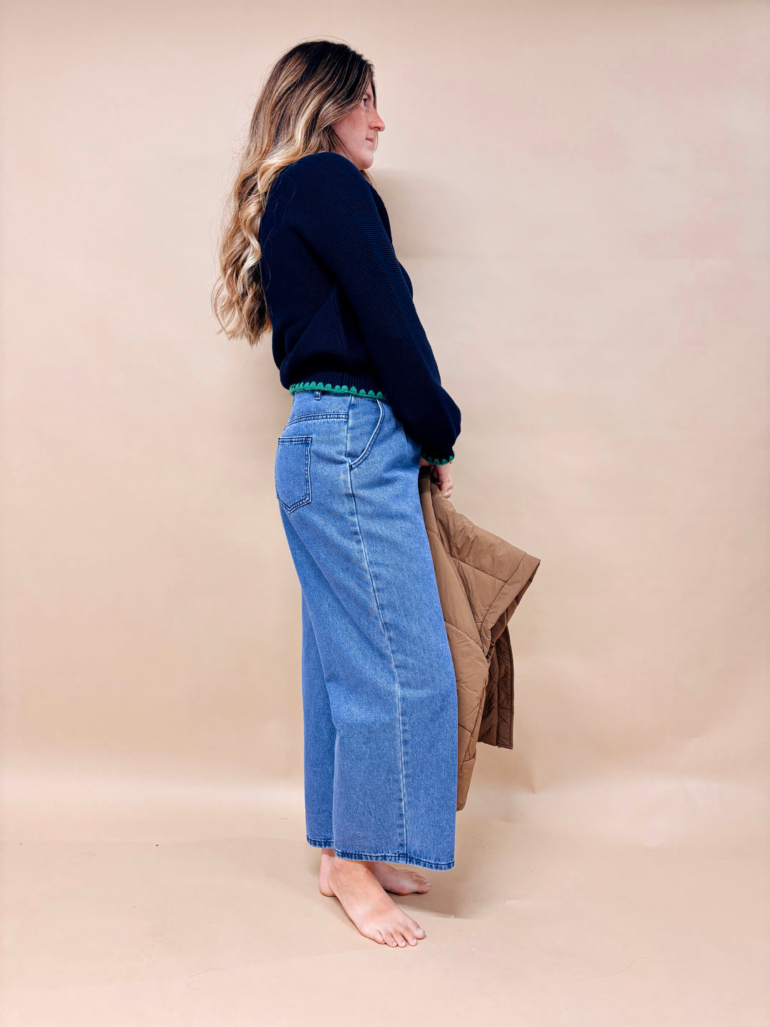 Brie Puff Sleeve Contrast Stitch Sweater