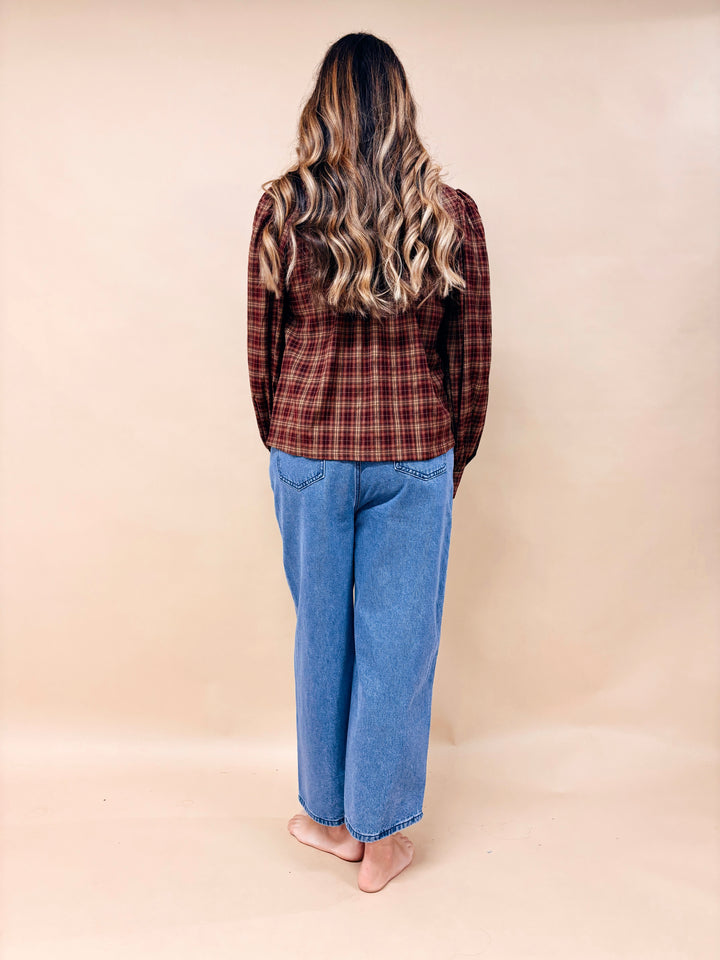 Claire Lace Trim Plaid Button Down Top