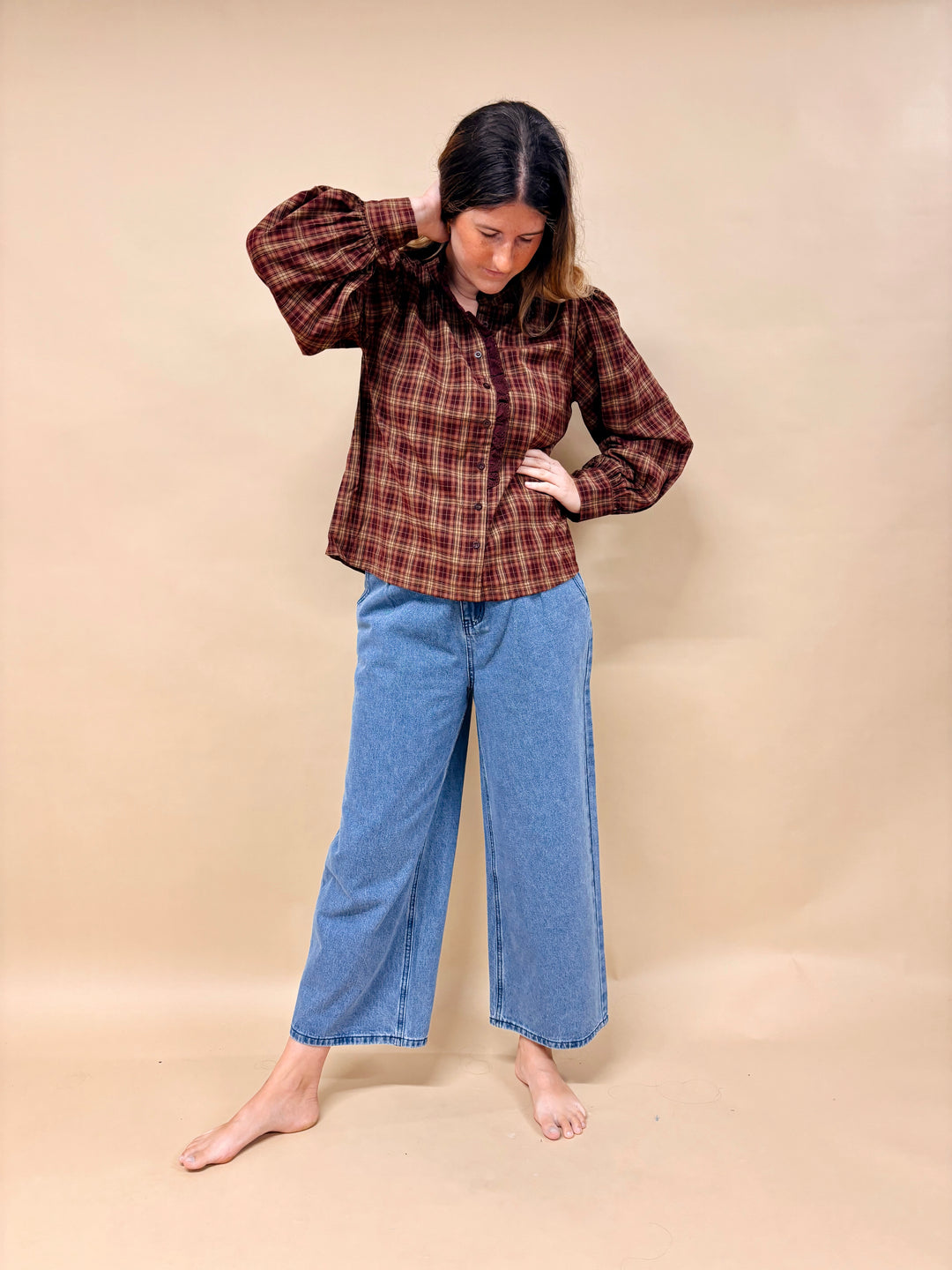 Claire Lace Trim Plaid Button Down Top