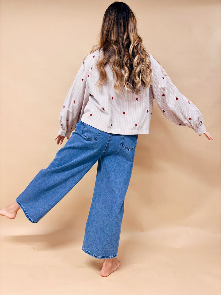 Faye Embroidered Leaf Print Striped Button Down Shirt