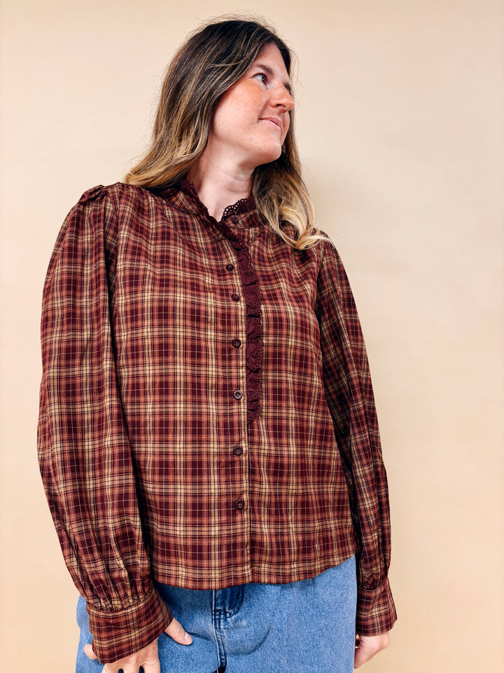 Claire Lace Trim Plaid Button Down Top