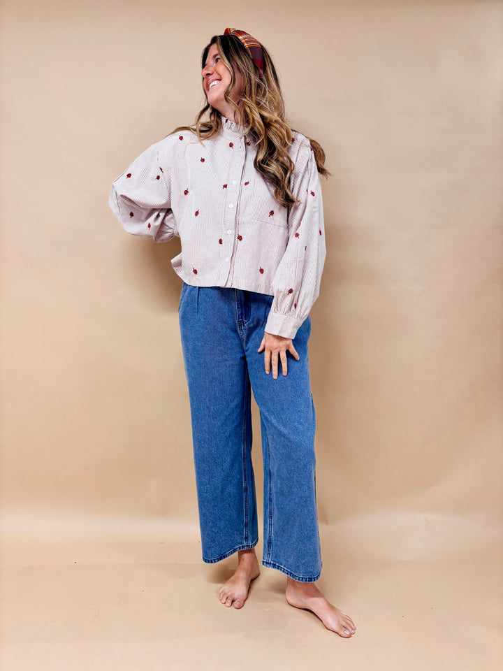 Faye Embroidered Leaf Print Striped Button Down Shirt