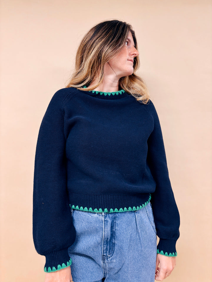 Brie Puff Sleeve Contrast Stitch Sweater