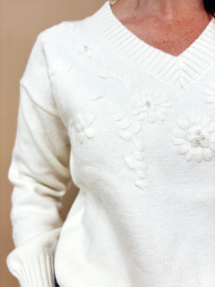 Charlie Floral Pearl Embellished V-Neck Sweater