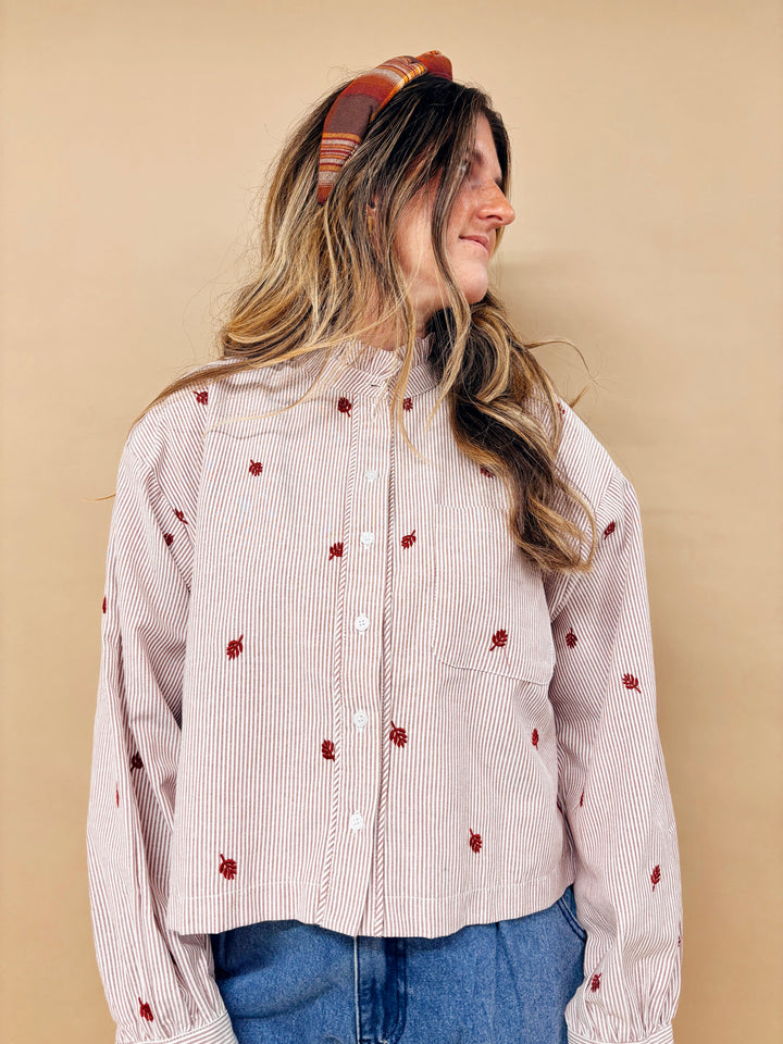 Faye Embroidered Leaf Print Striped Button Down Shirt