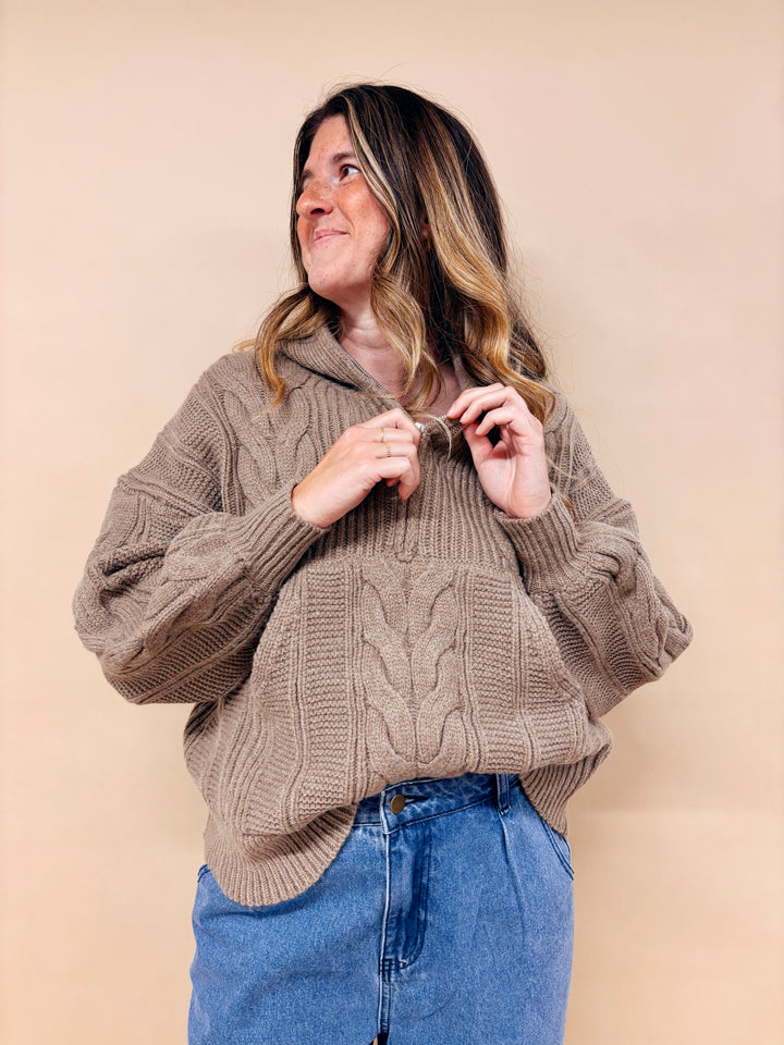 Emily Chunky Cable Knit Half Zip Sweater