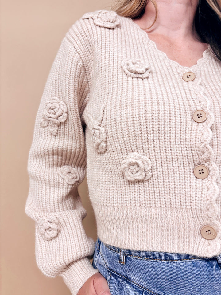 Emery Ribbed Sweater Cardigan With Crotchet Flowers