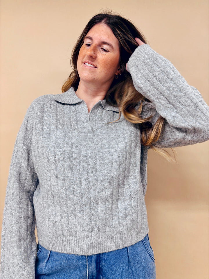 Ella Cable Knit Collared V-Neck Sweater