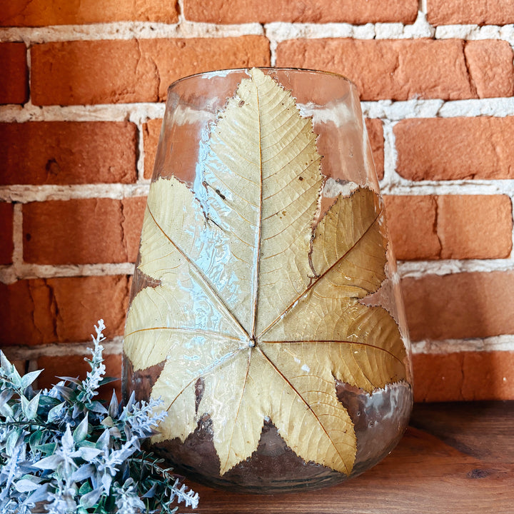 Hand-Blown Hurricane Glass With Embedded Papaya Leaves