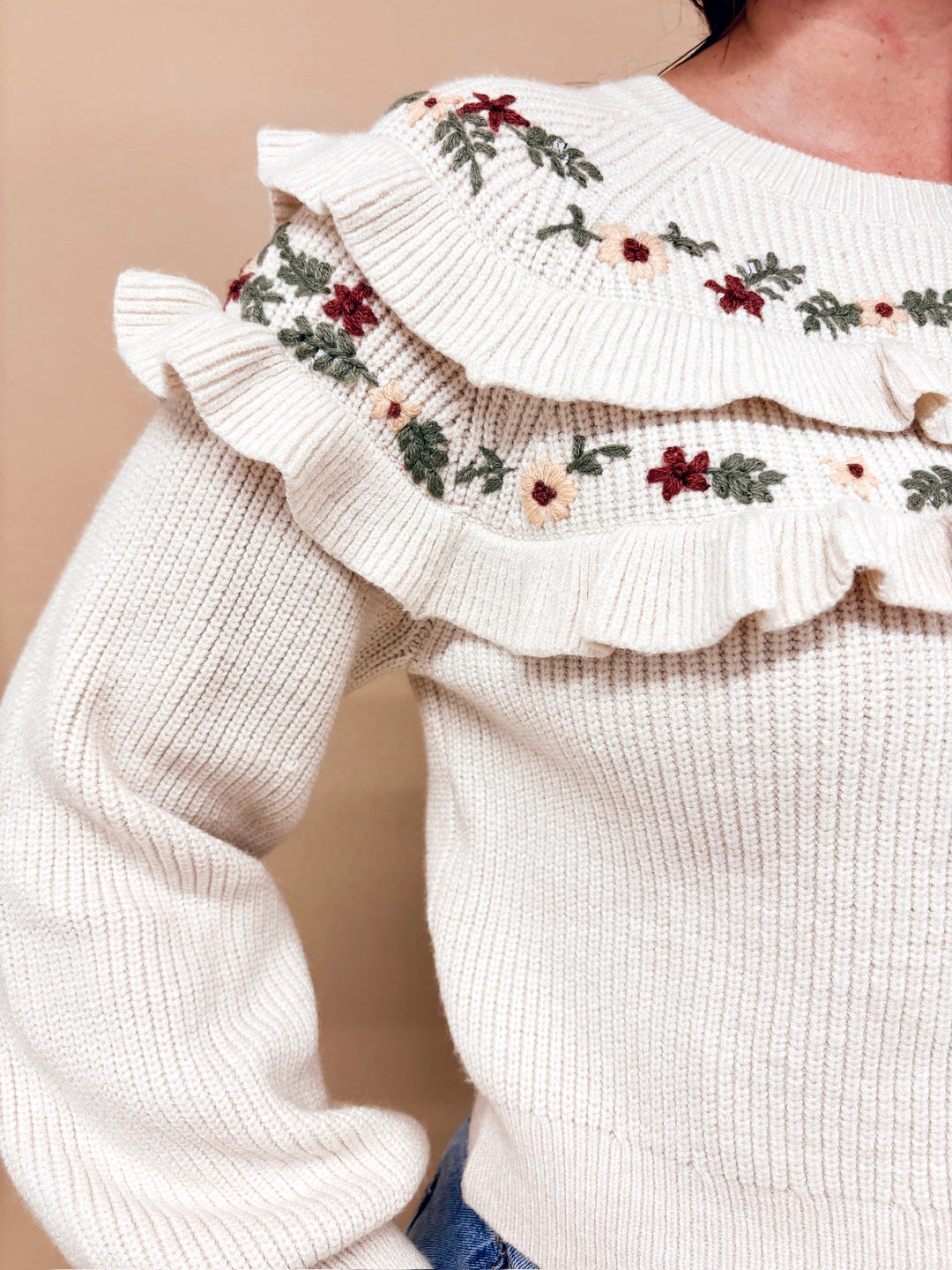 Harper Floral Embroidered Ruffle Knit Sweater Top