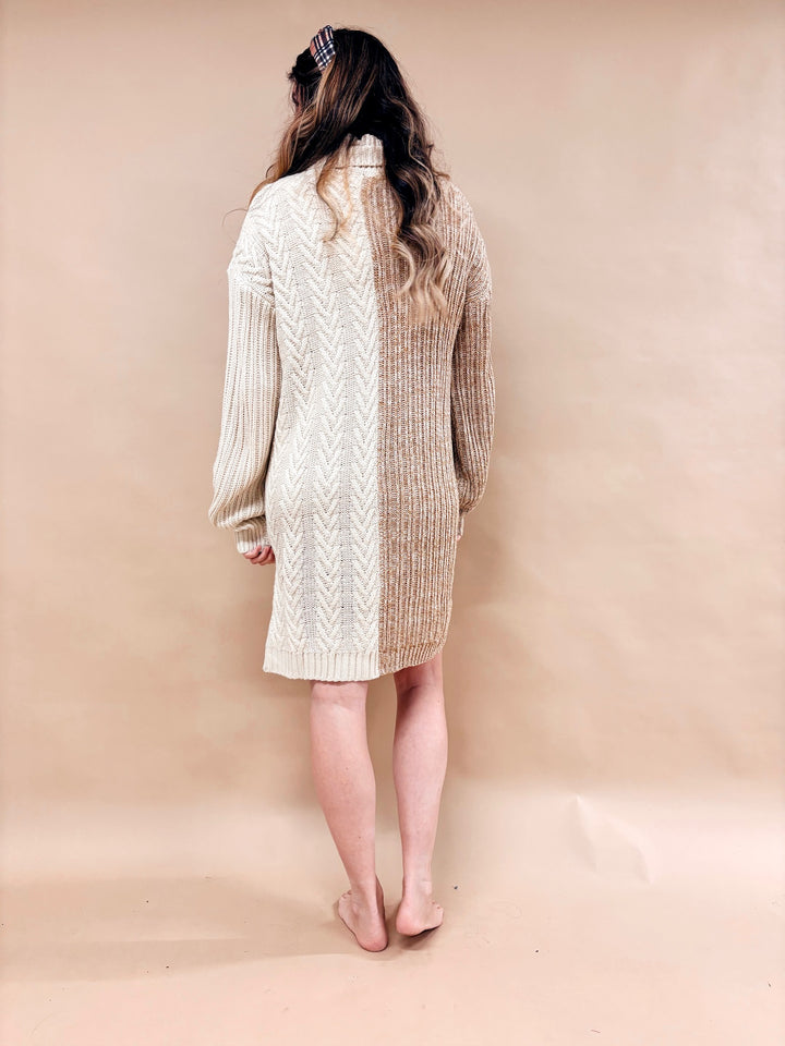 Haven Color Block Turtleneck Cable Knit Dress