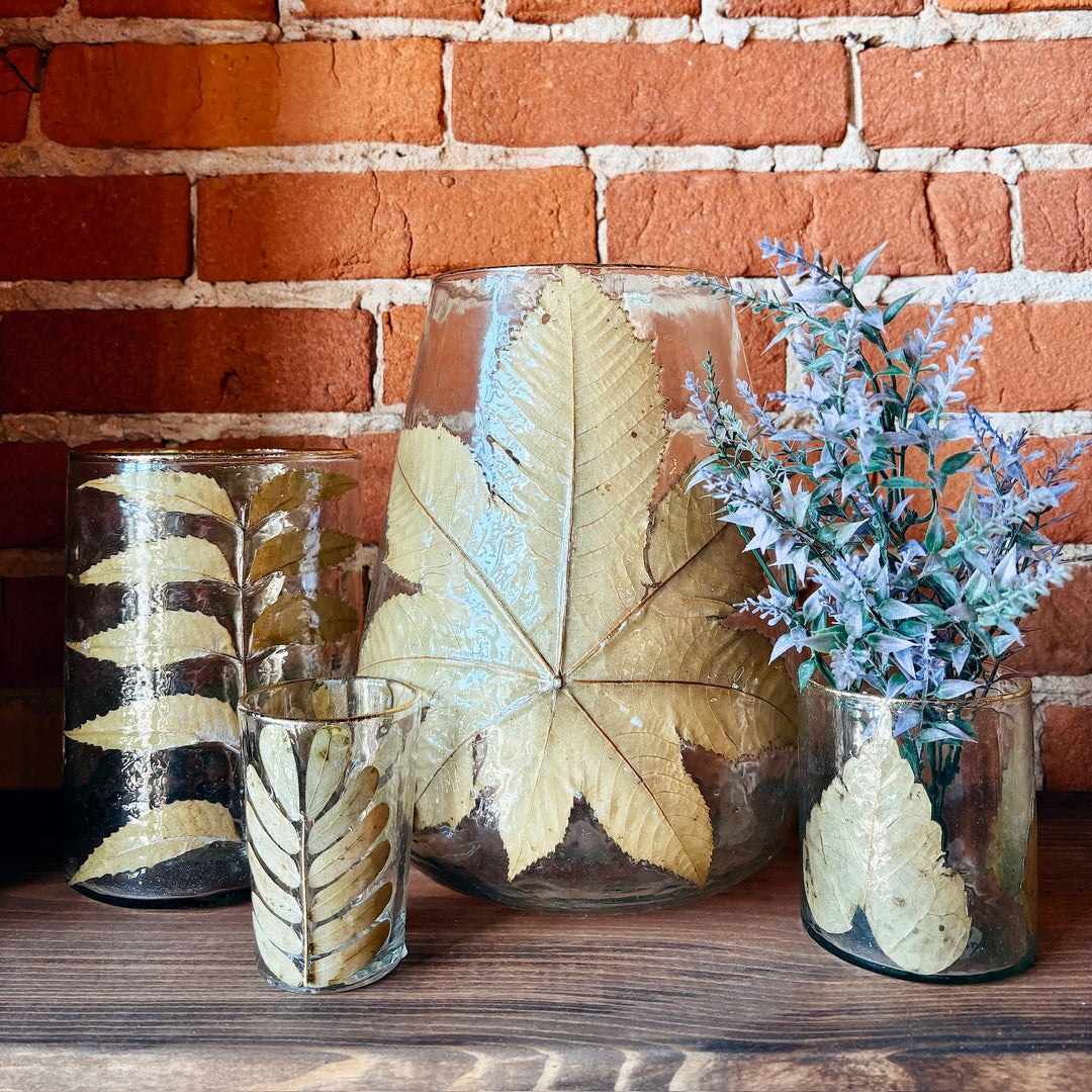 Hand-Blown Hurricane Glass With Embedded Neem Leaves