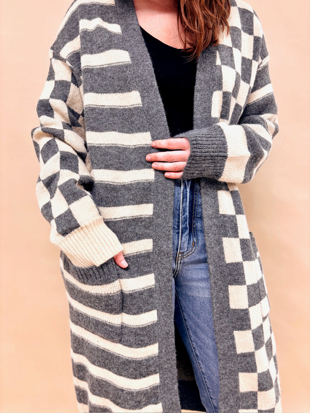 Melinda Striped And Checkered Long Cardigan