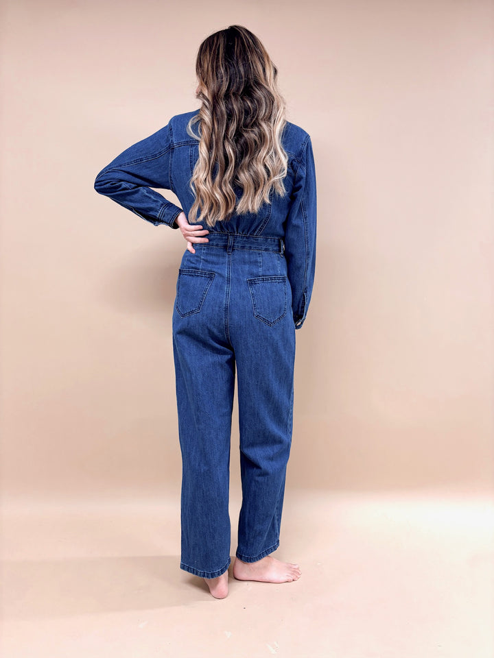 Sawyer Cinched Waist Straight Leg Denim Jumpsuit