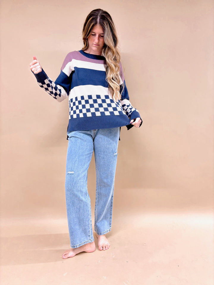 Gabriella Mixed Check And Striped Oversized Sweater